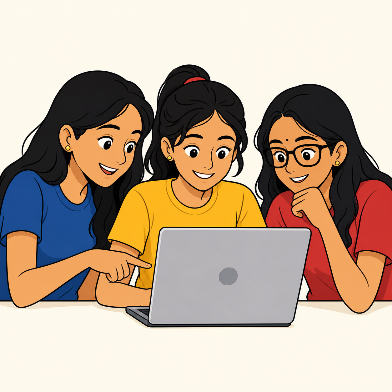 Cartoon illustration of three female contestants collaborating at a computer